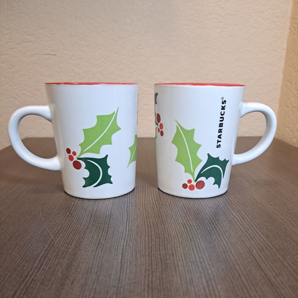 Starbucks 2011 Christmas Holiday Mug 9 oz White Green Holly Coffee Tea Cup